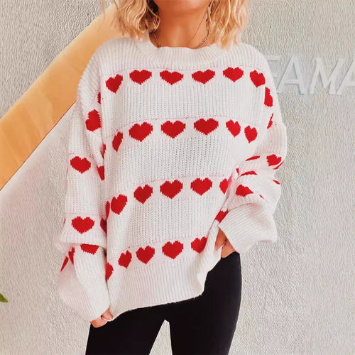 Damen gemütlicher Herzmuster-Strickpullover mit weiten Ärmeln EB