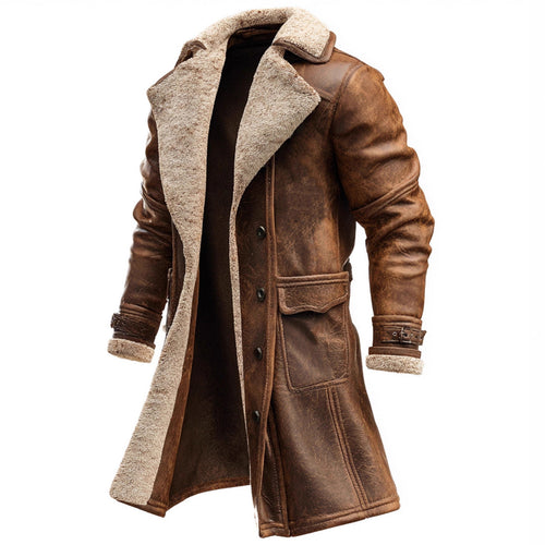Herren nan langer vintage Biker-Ledermantel mit durchgehendem Sherpa-Futter, Pattentaschen und verstellbaren Schnallenmanschetten EB