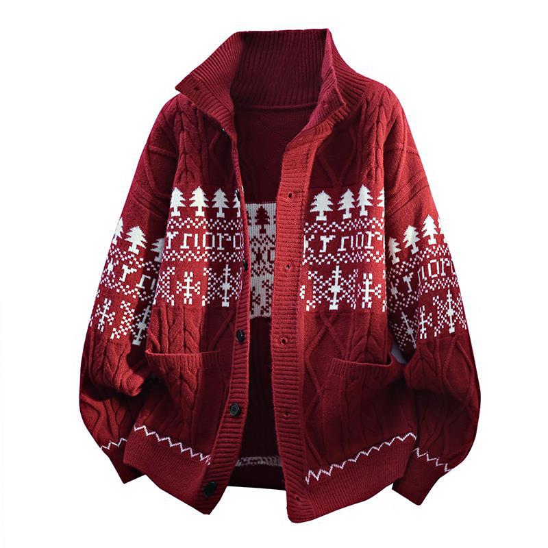 Damen nan gestrickter Norweger-Cardigan mit Stehkragen, Zopfmuster und aufgesetzten Taschen EB