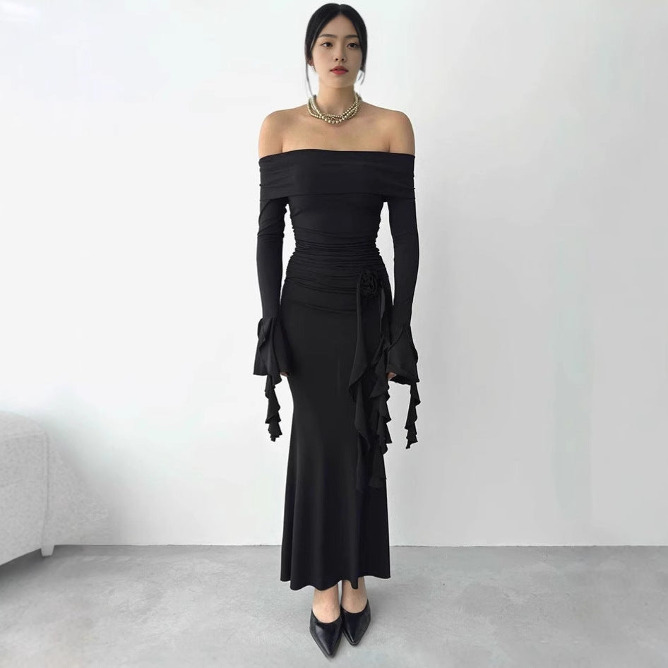 Damen Elegantes Off-Shoulder Maxikleid mit Rüschendetails und figurbetonter Silhouette EB