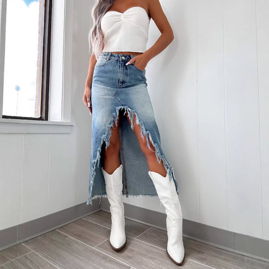 Damen Jeansrock mit asymmetrischem Schlitz und Fransensaum EB