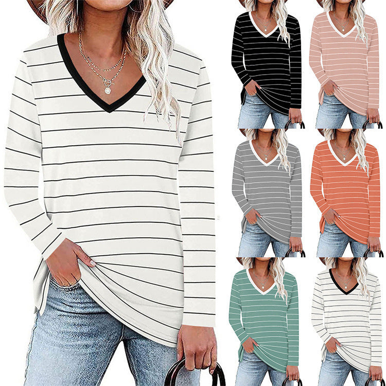 Damen V-Ausschnitt Langarmshirt mit Streifenmuster und seitlichen Schlitzen EB