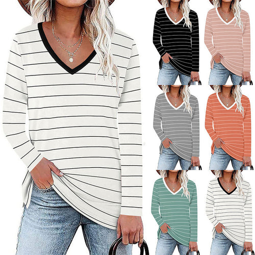 Damen V-Ausschnitt Langarmshirt mit Streifenmuster und seitlichen Schlitzen EB