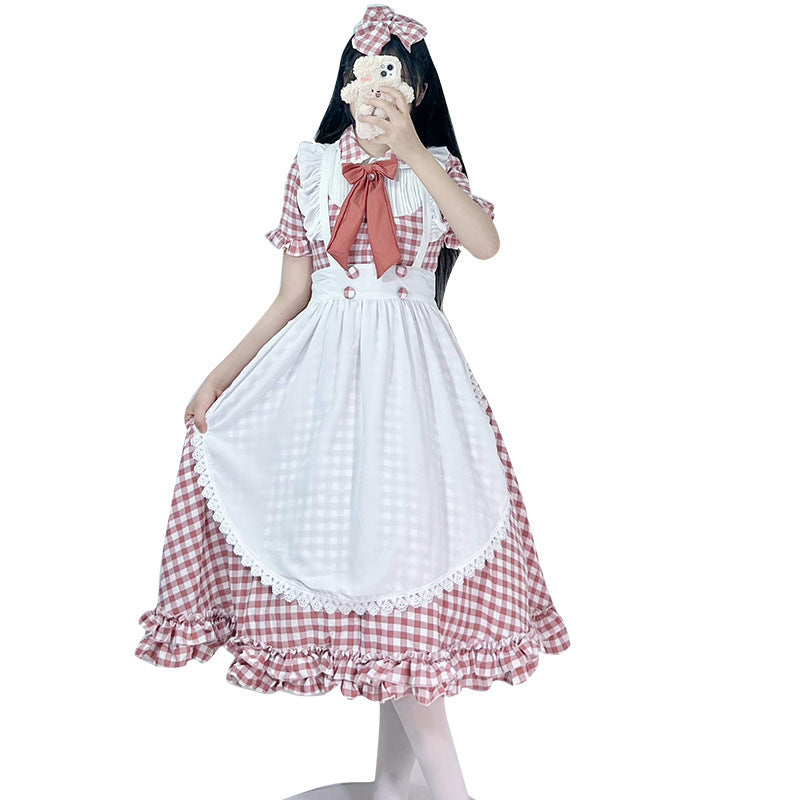 Damen nan vintage-inspiriertes Lolita-Kleid mit Karomuster Volants und abnehmbarer Schürze EB