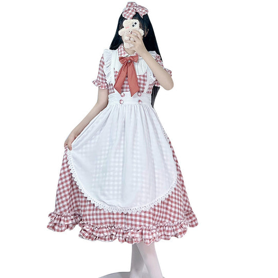 Damen nan vintage-inspiriertes Lolita-Kleid mit Karomuster Volants und abnehmbarer Schürze EB