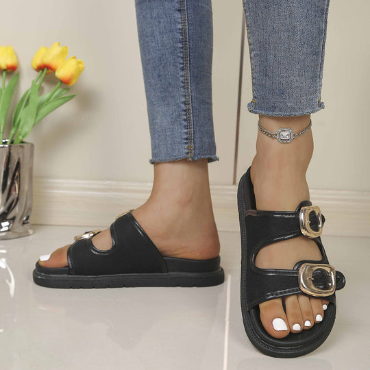 Damen modische Zehentrennersandalen mit doppeltem Riemendesign und glänzenden Schnallen EB