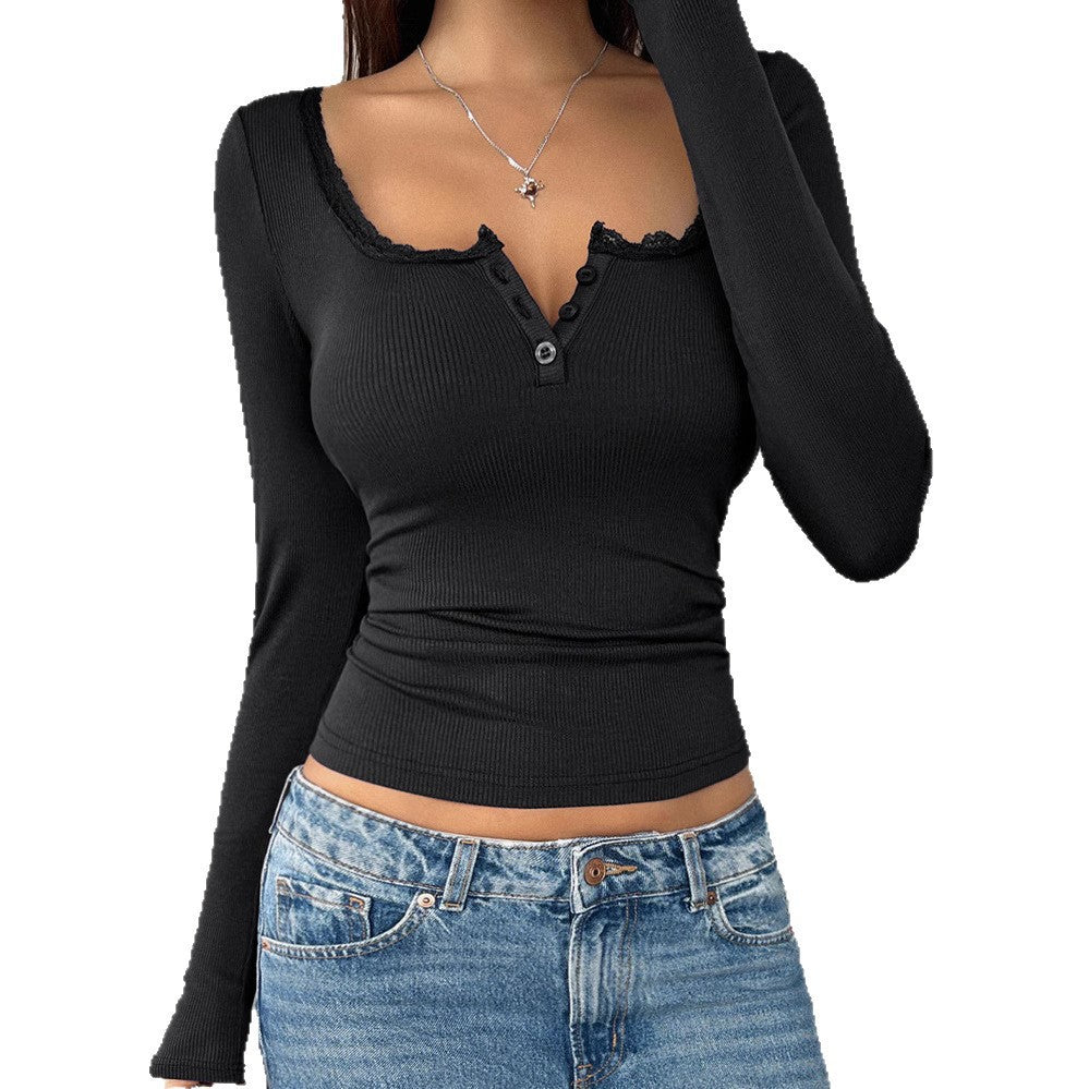 Damen Langarmshirt mit Spitzenakzenten und Knopfleiste EB