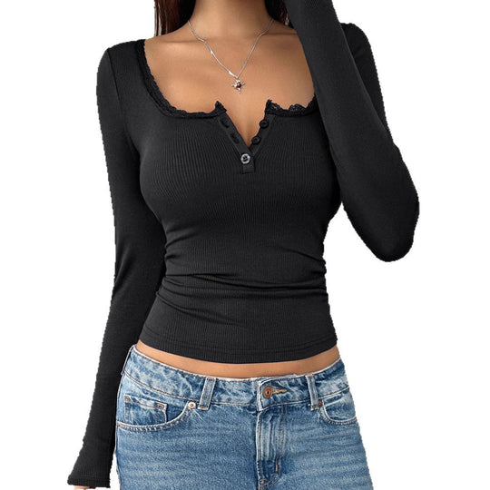 Damen Langarmshirt mit Spitzenakzenten und Knopfleiste EB