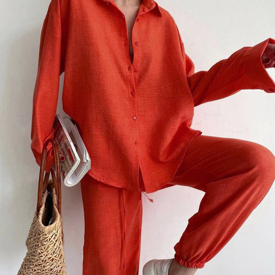 Damen lässiges Leinen Ensemble mit elegantem Hemd und weiter Hose EB