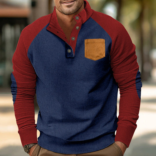 Herren nan geripptes Waffel-Henley-Langarmshirt mit Stehkragen Druckknopfleiste Kontrastärmeln und Brusttasche EB