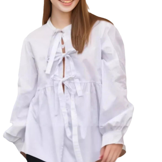 Damen Bluse mit Volantärmeln und Schleifenband EB