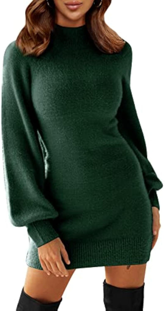 Damen Tailliertes Teddy-Strick-Minikleid mit Stehkragen und Ballonärmeln EB