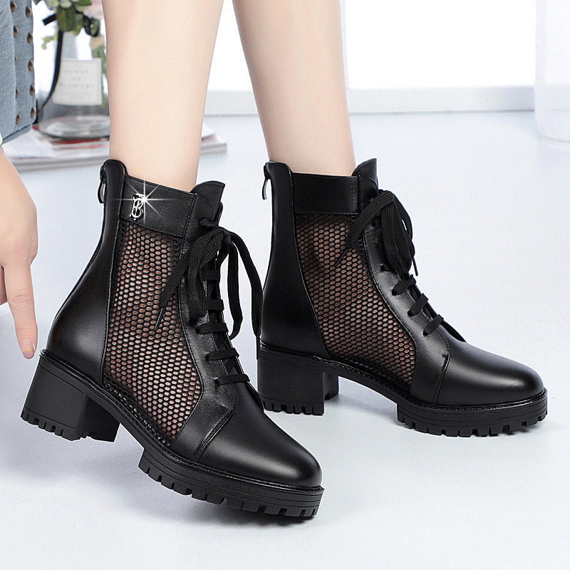 Damen Trendige Schnür-Stiefeletten mit Mesh-Einsatz und robustem Blockabsatz EB