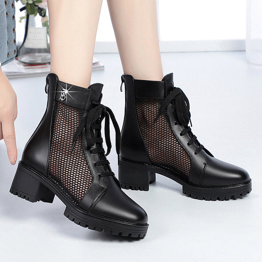 Damen Trendige Schnür-Stiefeletten mit Mesh-Einsatz und robustem Blockabsatz EB