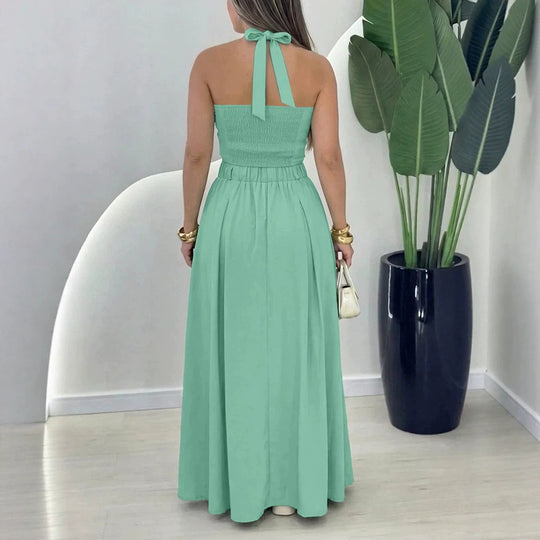 Damen elegantes Crop-Top und Maxirock-Set mit Knopfleiste und Schlitz EB