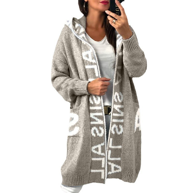 Damen Langarm-Strickcardigan mit Kapuze und praktischen Taschen EB
