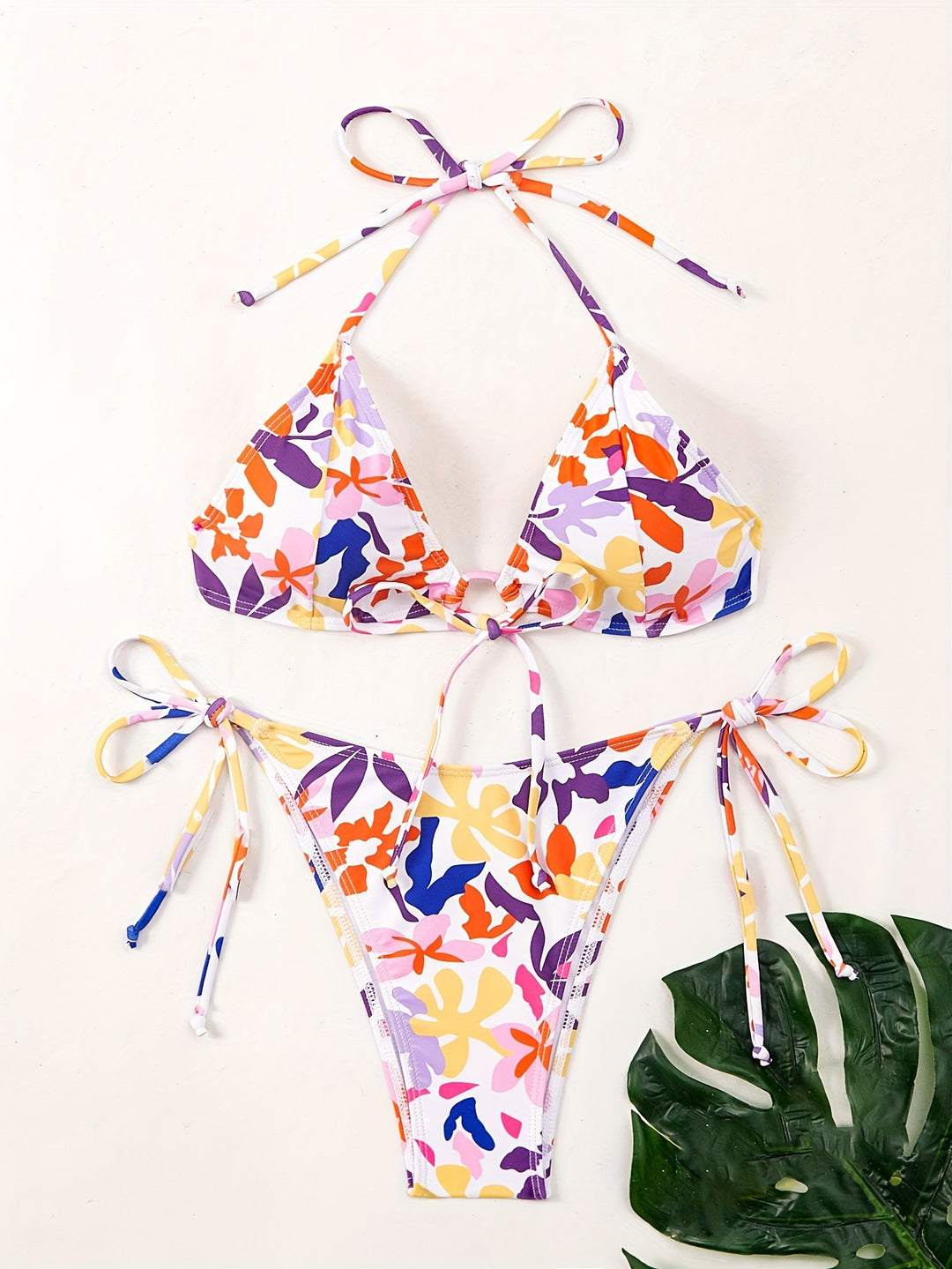 Damen Triangel-Bikini mit verstellbaren Schnüren und fröhlichem Blumenmuster EB