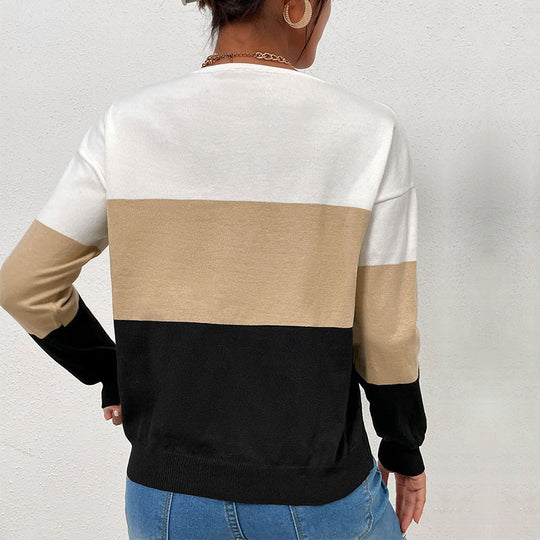 Damen V-Ausschnitt Pullover mit gestreiftem Design und lässigem Schnitt EB