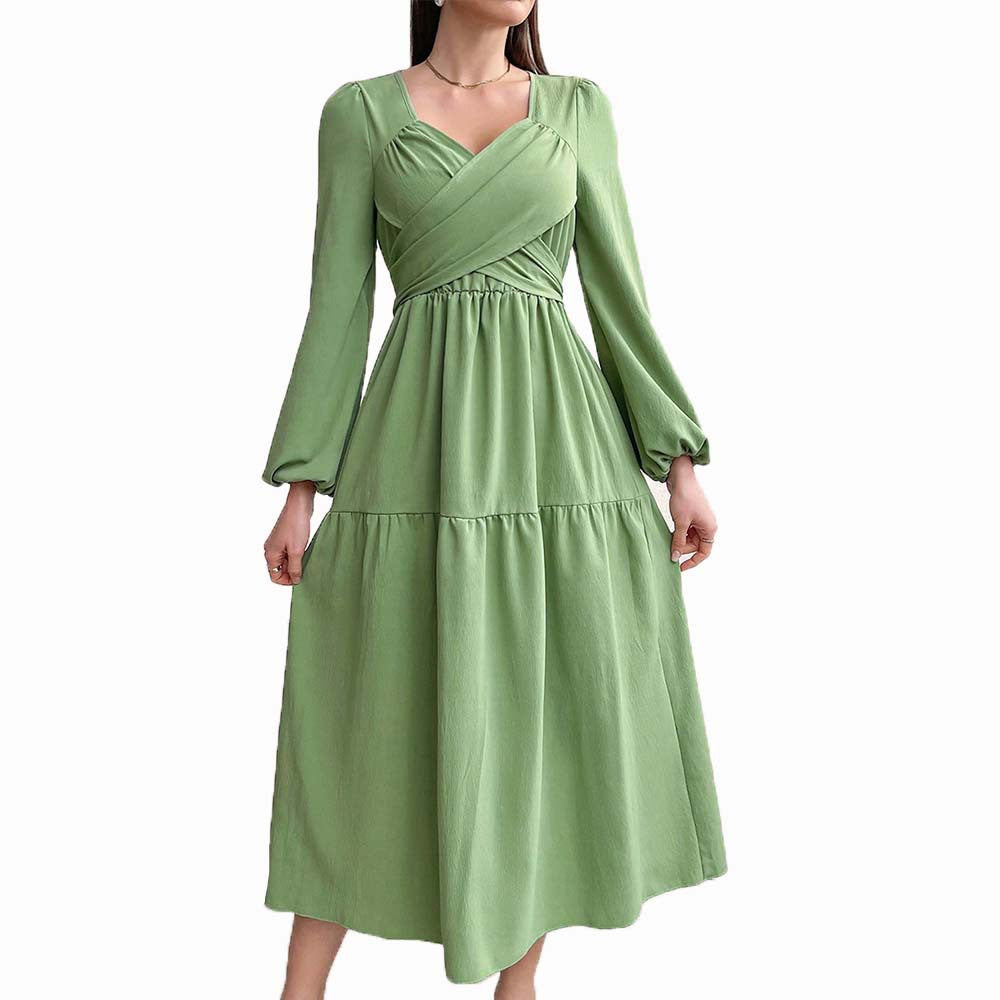 Damen langärmeliges Midikleid mit überkreuztem Drapé-Bustier, elastischer Unterbrustnaht und zweistufigem Stufenrock Eichborn Berlin