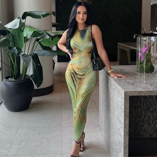 Damen Figurbetontes Maxikleid mit elegantem Grafikdruck und raffinierten Trägern EB