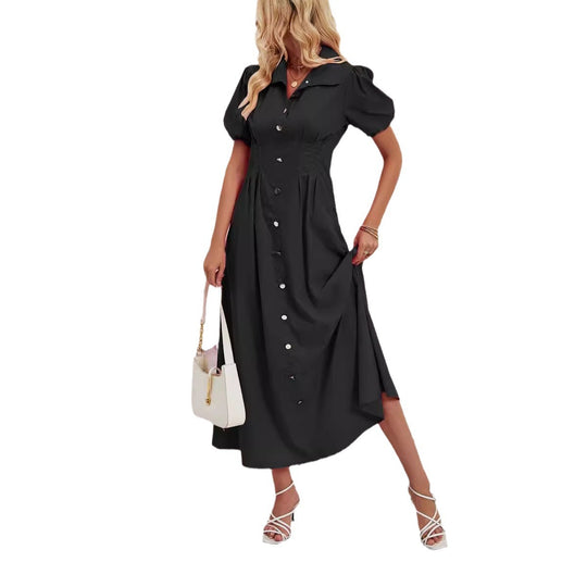 Damen Maxikleid mit schickem Hemdkragen und volumetrischen Puffärmel EB