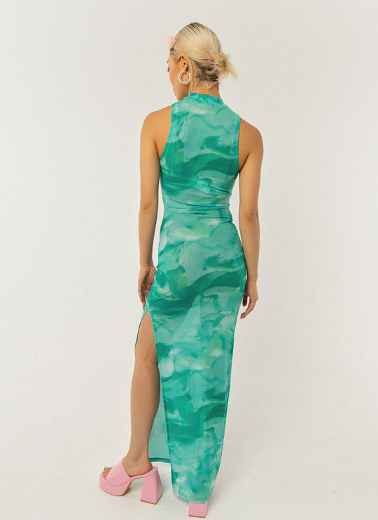 Damen elegantes Maxikleid mit hohem Kragen und fließendem Schnitt EB