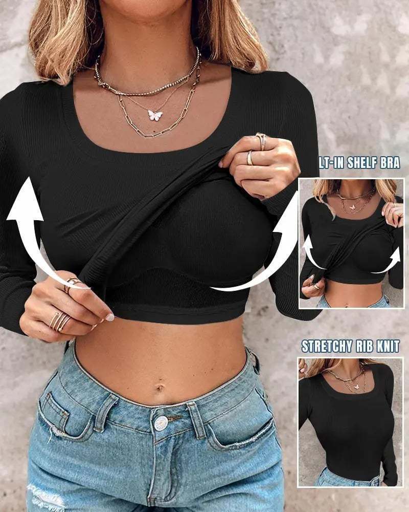 Damen Langarm Crop Top mit eingearbeitetem BH und elastischer Rippenstruktur EB