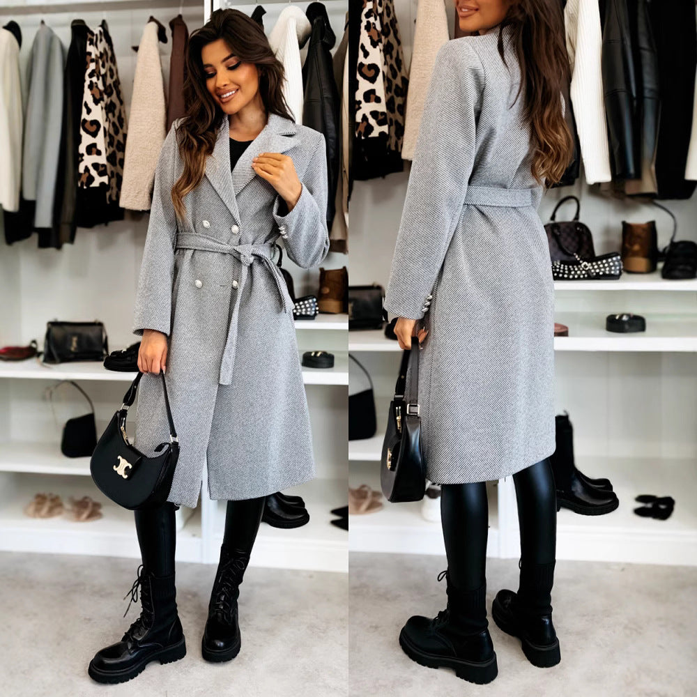 Damen eleganter Mantel mit Taillengürtel und doppelter Knopfblende EB
