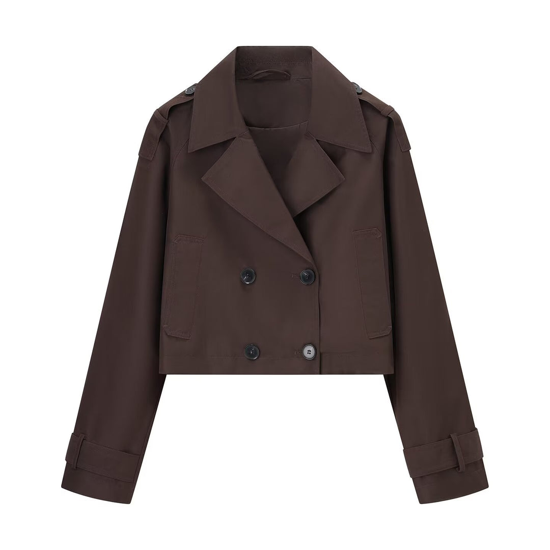 Damen nan kurze taillierte Doppelreiher-Trenchjacke im Boxy-Cropped-Schnitt mit Schulterpatten und verstellbaren Manschetten EB