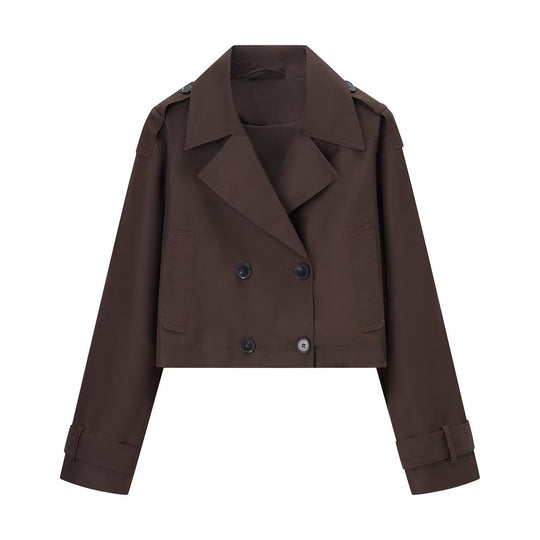 Damen nan kurze taillierte Doppelreiher-Trenchjacke im Boxy-Cropped-Schnitt mit Schulterpatten und verstellbaren Manschetten EB