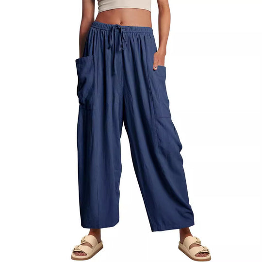 Damen nan weite Palazzohose aus leichtem Leinenmix mit Tunnelzug und seitlicher Tasche EB