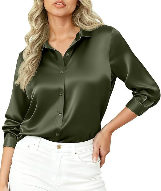 Damen Seidiges Satin-Blusenshirt mit Hemdkragen und dreiviertel Ärmeln EB