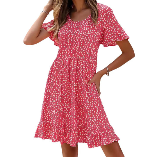 Damen lässiges Freizeitkleid mit fließendem Schnitt und Rüschensaum EB