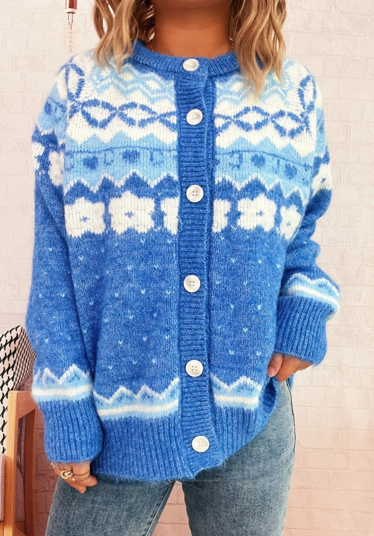 Damen gemütliche Strickjacke mit blauen Mustern und Knopfverschluss EB