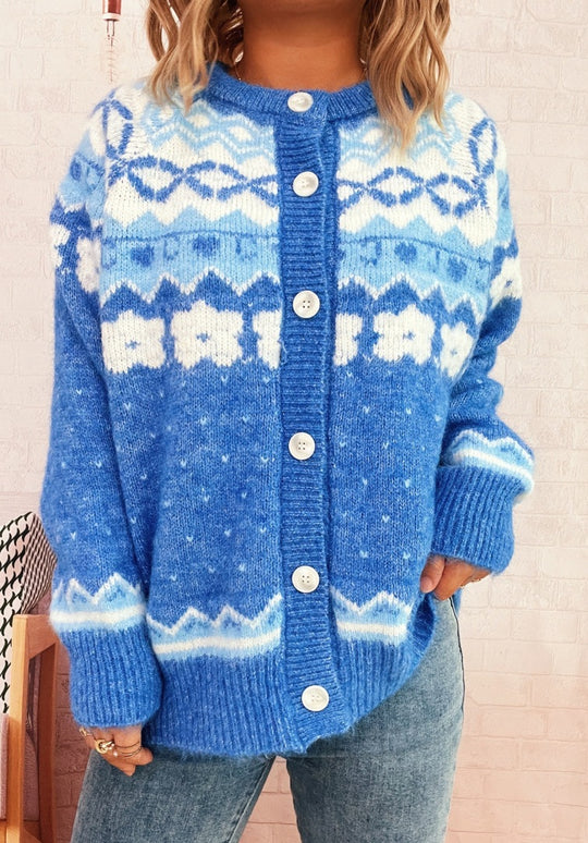 Damen gemütliche Strickjacke mit blauen Mustern und Knopfverschluss EB