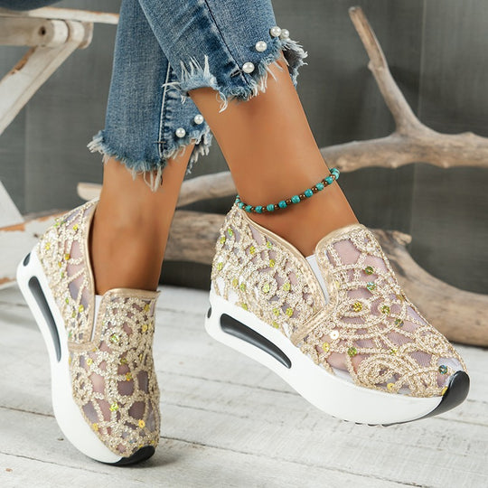Damen Sneakers mit luxuriösem Strass-Muster und bequemem Fußbett EB