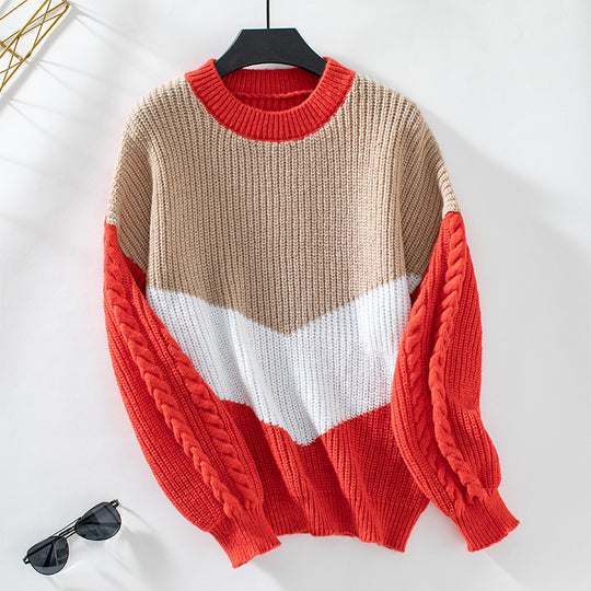 Damen modischer Strickpullover mit raffinierten Zopfmuster-Ärmeln und Kontrastfarben EB