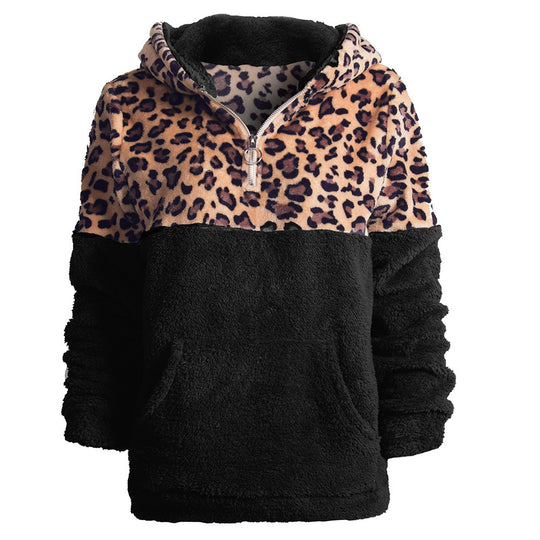 Damen kuscheliger Kapuzenpullover mit aufregendem Leopardenmuster und Kängurutasche EB