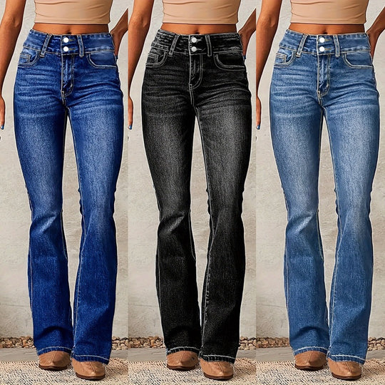 Damen Bootcut Jeans mit hohem Bund und modischen Knöpfen EB