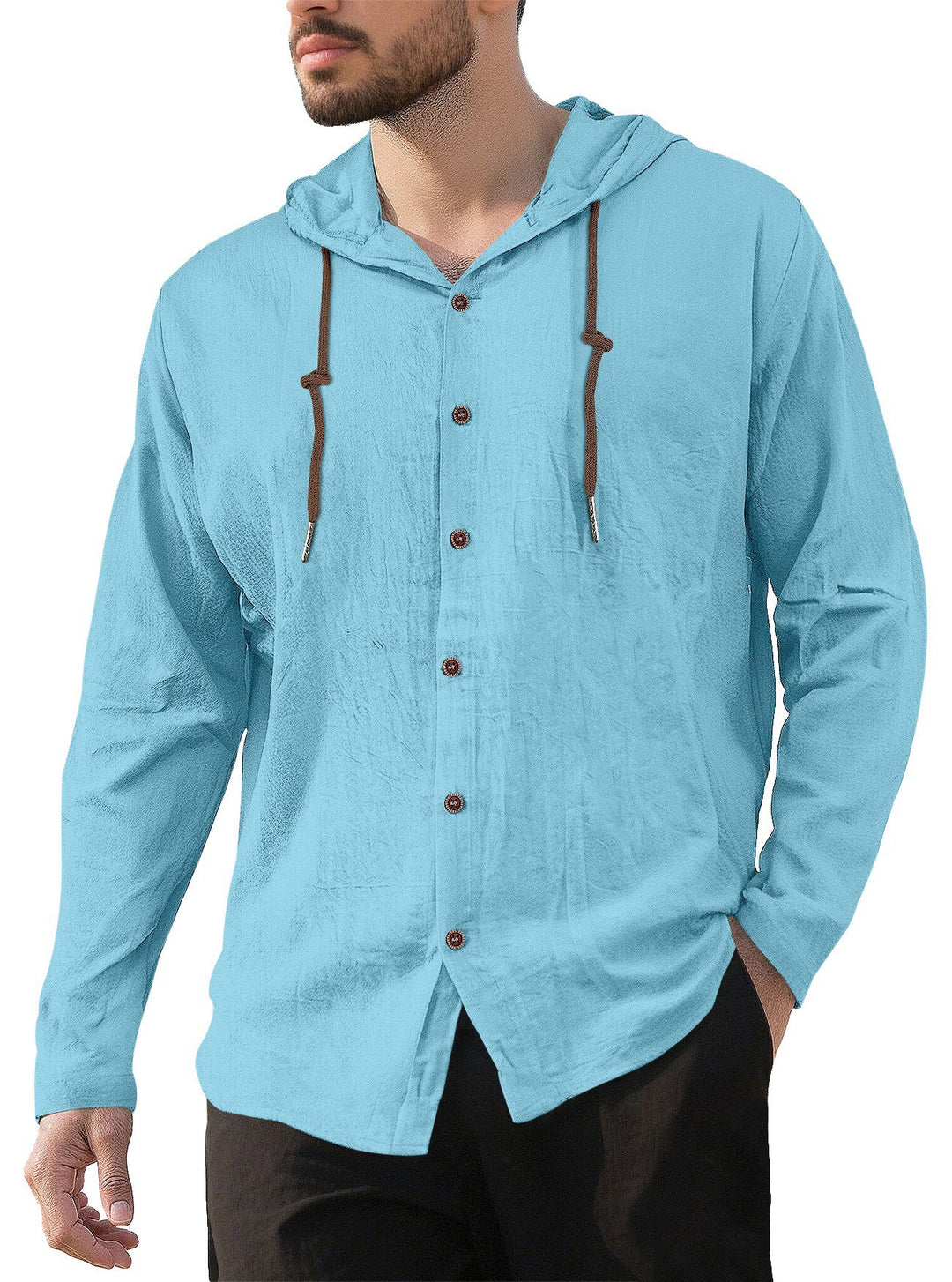 Herren nan Kapuzenhemd im Leinen-Look mit durchgehender Knopfleiste und Kordelzug EB