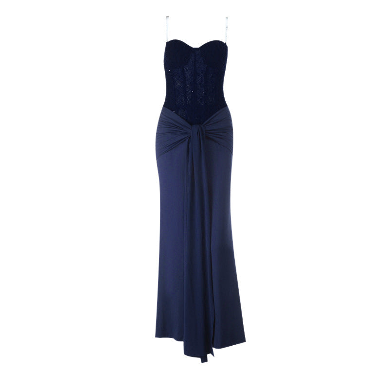 Damen schickes Maxikleid mit elegantem Bustier-Oberteil und gerafftem Rock EB
