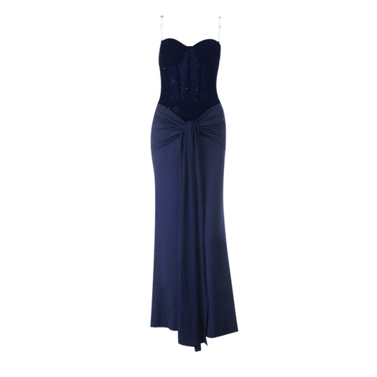Damen schickes Maxikleid mit elegantem Bustier-Oberteil und gerafftem Rock EB