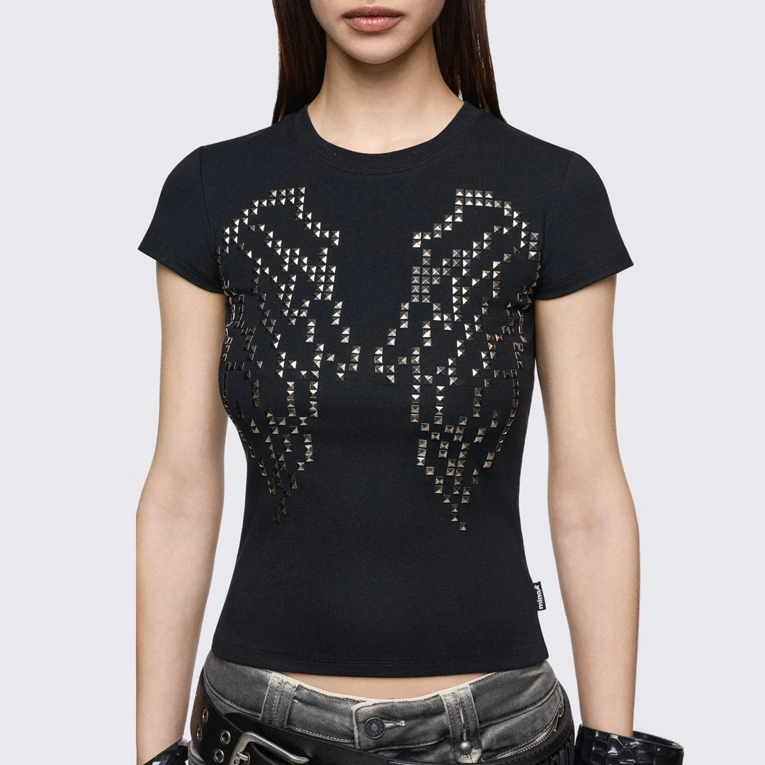 Damen Enganliegendes T-Shirt mit Metallic-Nieten EB