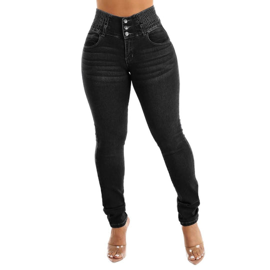 Damen High-Waist Skinny Jeans mit elastischem Bund EB
