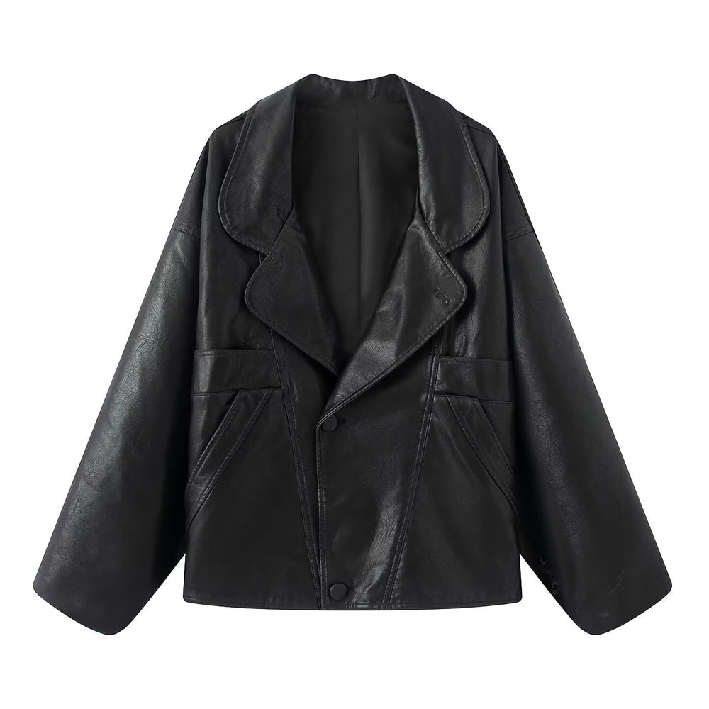 Damen elegante Kunstlederjacke mit oversized Schnitt EB