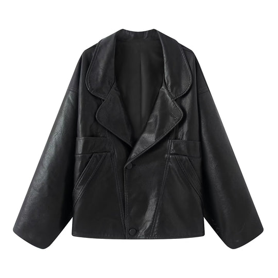 Damen elegante Kunstlederjacke mit oversized Schnitt EB