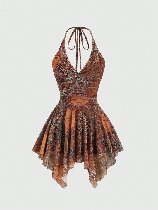 Damen lässiges Strandkleid mit asymmetrischem Saum und raffiniertem Druck EB