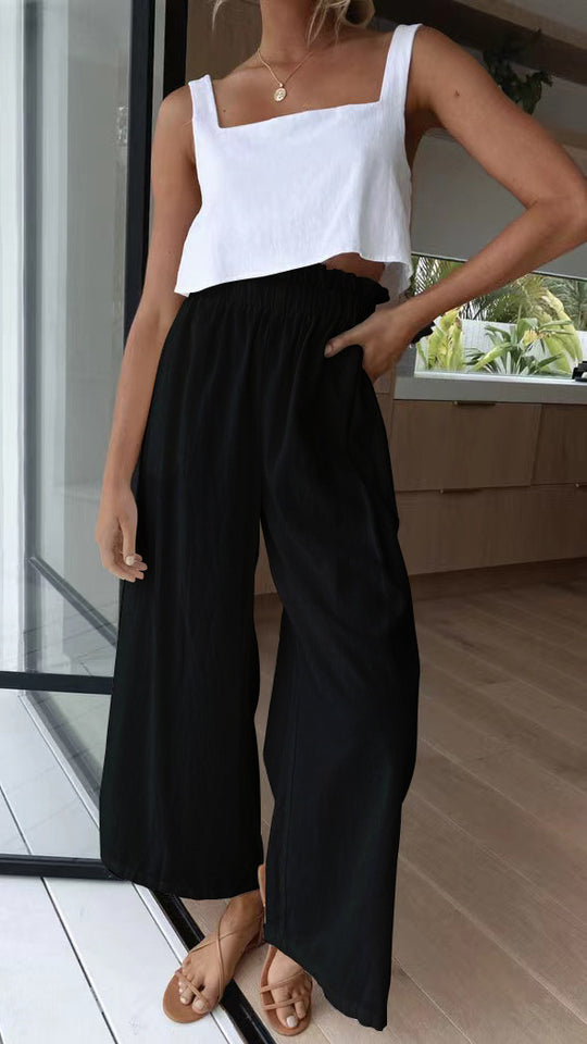 Damen Hochtaillierte Palazzo-Hose mit elastischem Bund und seitlichen Taschen EB