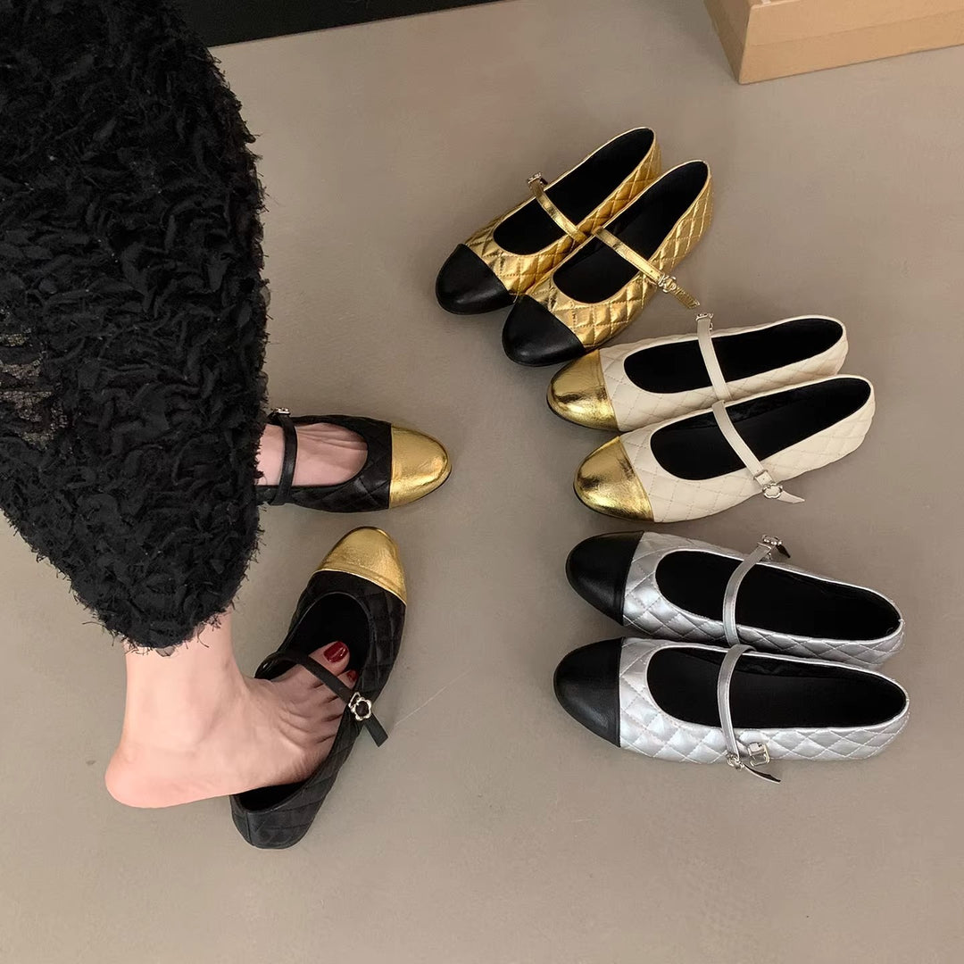 Damen Ballerinas mit elegantem Riemen und glänzendem Metallakzent EB