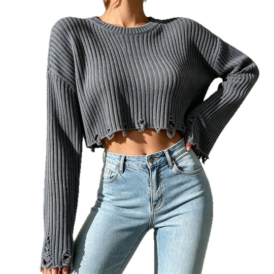 Damen Kurzgeschnittener gerippter Strickpullover mit ausgefranstem Saum EB